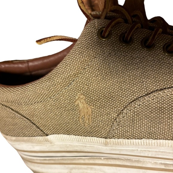 Polo Ralph Lauren Vaughn Size 10 D Tan Burlap & Suede Lace Up Low Top Sneaker - Picture 3 of 15
